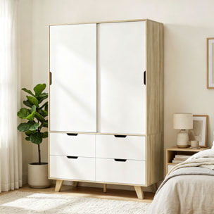 Armario Dormitorio Moderno con Puertas Correderas, Armario Ropero con Barra para Colgar, Estantes Ajustables y 4 Cajones, 120x50x187,5 cm, para Salón, Entrada, Roble y Blanco