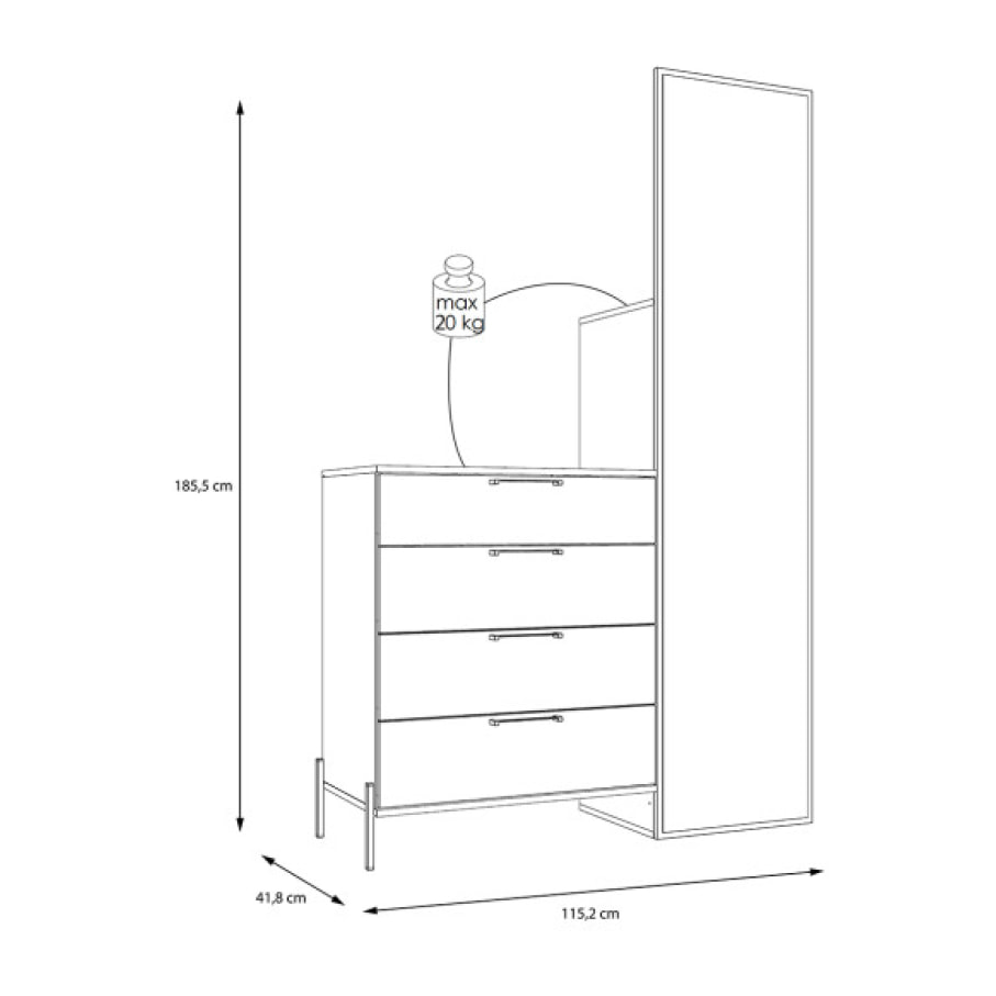 Meuble d'entrée avec commode, penderie & miroir en blanc laqué - ELSA