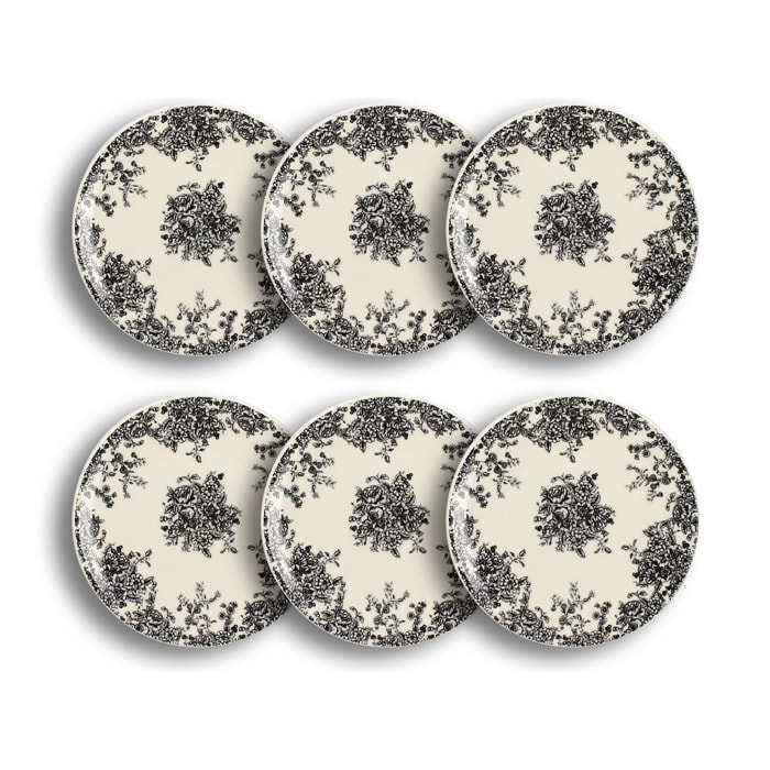 Lot de 6 assiettes à dessert en grès décor fleuri noir 19,5cm FLORALI