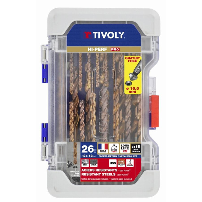 Coffret TIVOLY 25 forets métaux FURIUS HSS revêtus FUSIO pointe en croix Ø 2 à 13mm + 1 fraise à noyer Ø 15mm - 11454170002