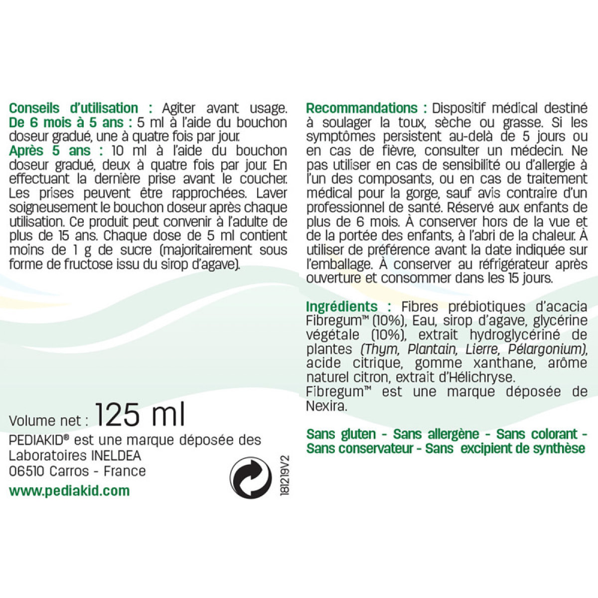 PEDIAKID - Toux Sèche & Grasse - Formule Exclusive au Sirop d'Agave - Calme la Toux - Soulage l'irritations de la Gorge - Arôme Naturel Citron - Lot de 2 flacons 125 ml