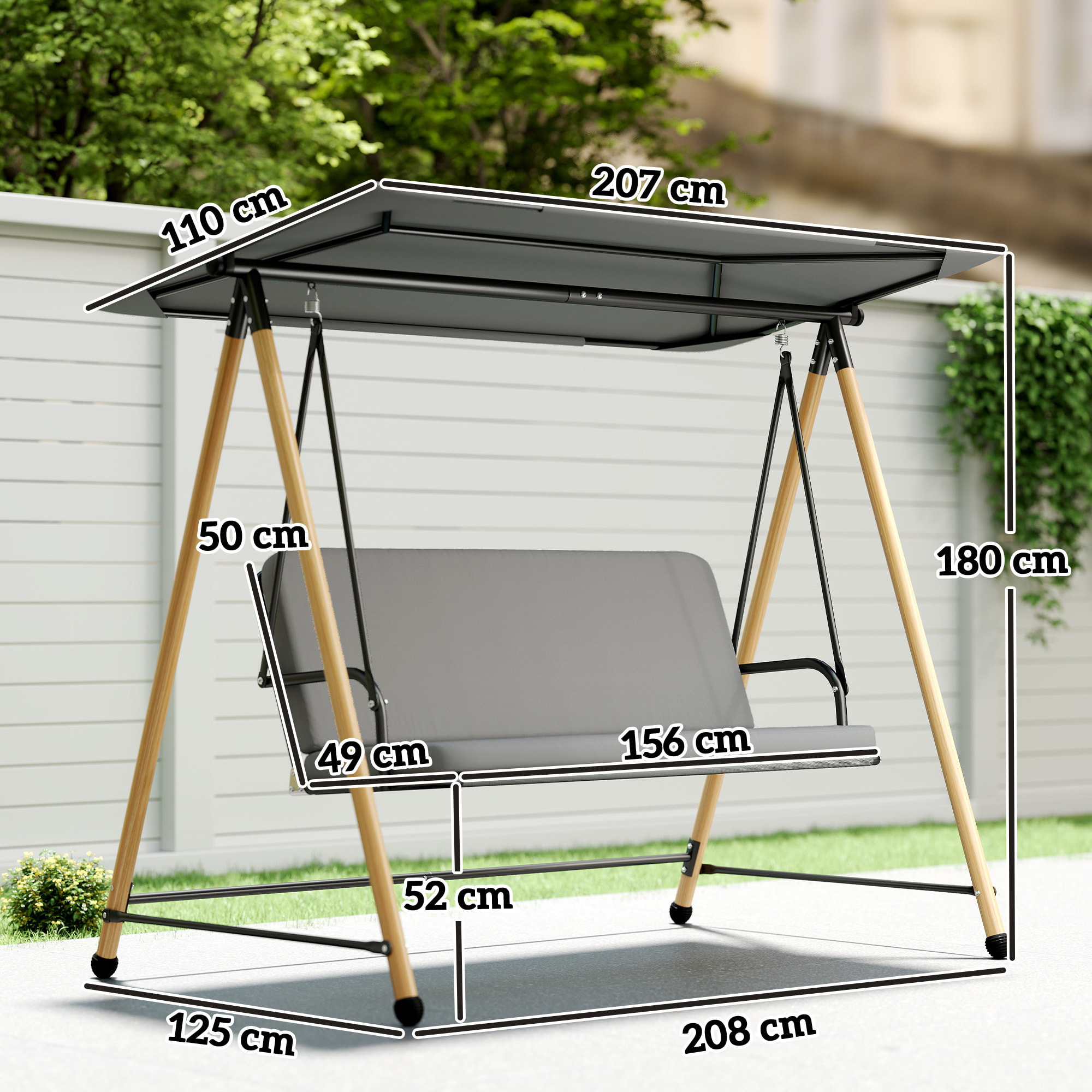 Balancelle de jardin 3 places design structure acier effet bois auvent réglable gris