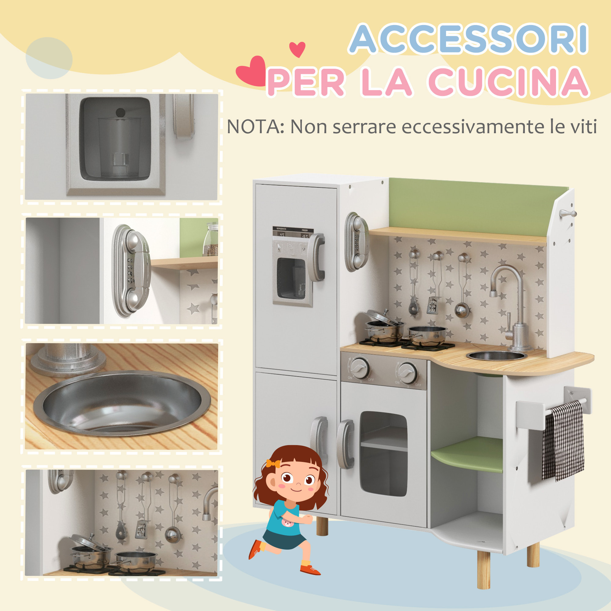 AIYAPLAY Cucina Giocattolo per Bambini 3-6 Anni con Macchina del Ghiaccio e Utensili, 84x34x89 cm, Bianco e Verde