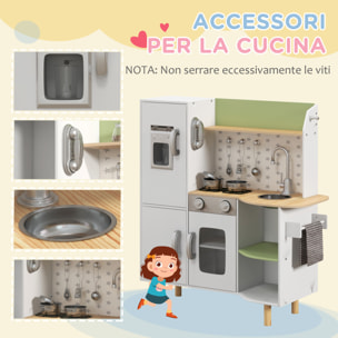 AIYAPLAY Cucina Giocattolo per Bambini 3-6 Anni con Macchina del Ghiaccio e Utensili, 84x34x89 cm, Bianco e Verde