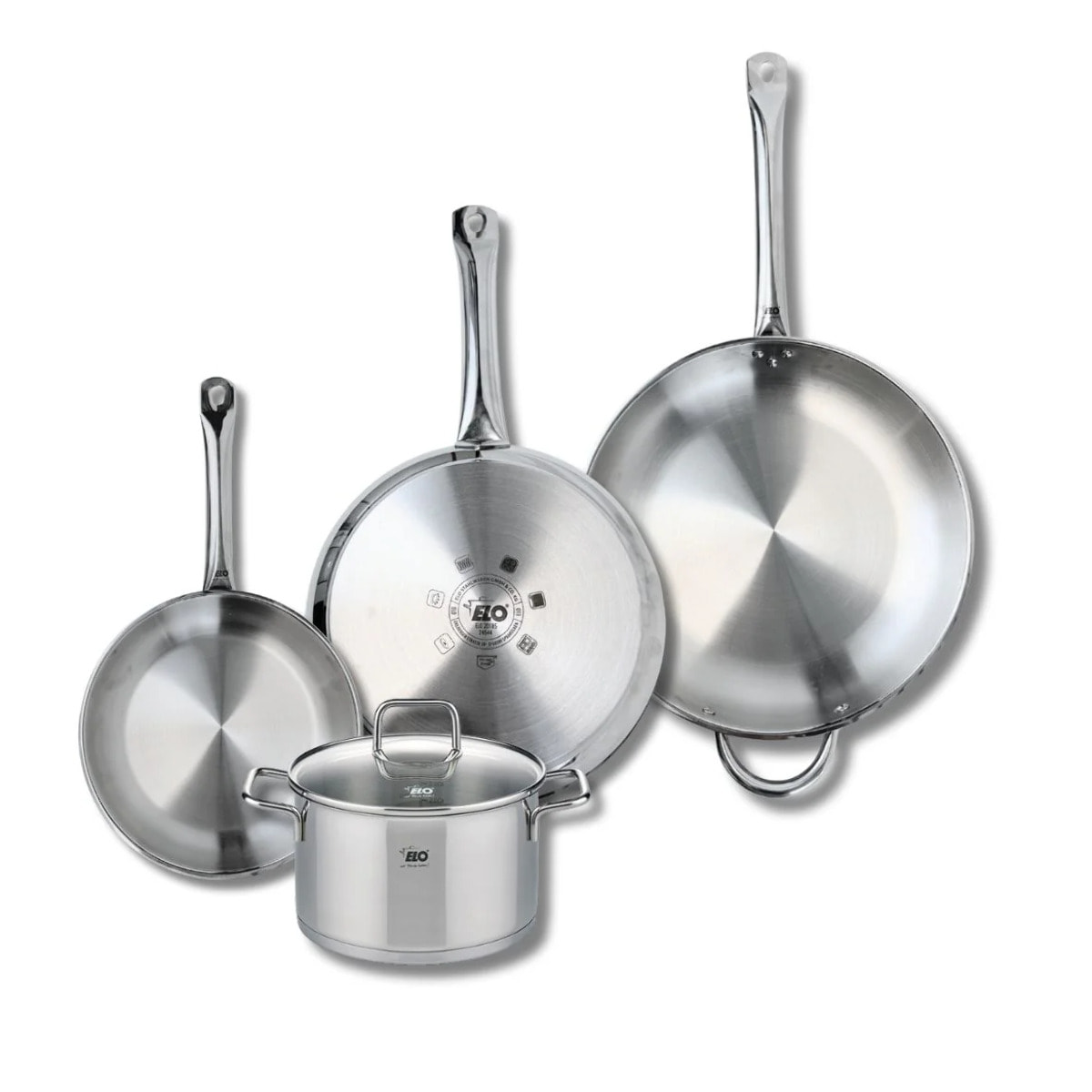 Ensemble de 3 Poêles de cuisson 24, 28 et 32 cm et 1 faitout 20 cm Elo Profi Citrin