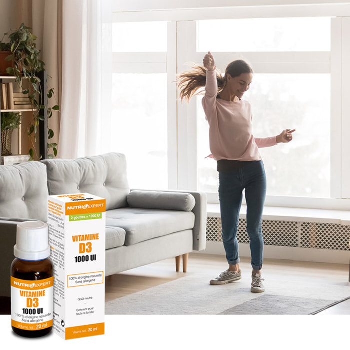 NUTRI EXPERT - Vitamine D3 Naturelle 1000 UI - 100% d'origine naturelle - Contribue à l'absorption du calcium et du phosphore - Soutien de l'immunité - Sans allergène - Flacon 20ml