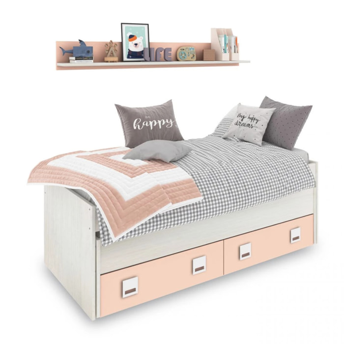 Cama doble juvenil con estante Kenia Blanco Alpes - Rosa