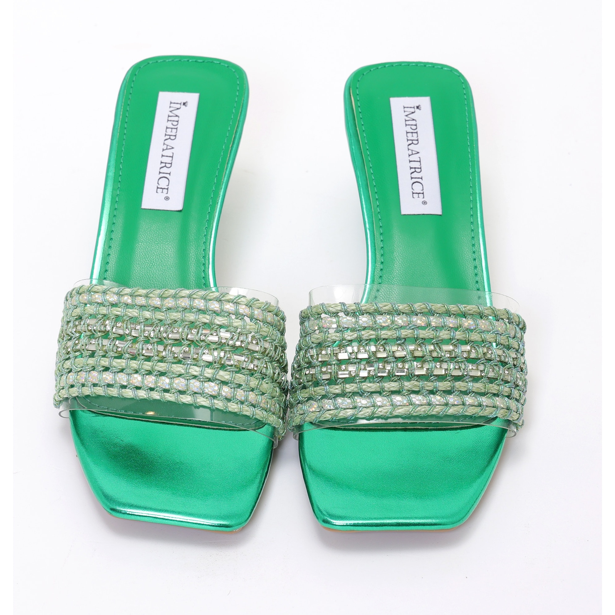 Sandali con tacco basso a rocchetto e fascia con ricamo e pietre