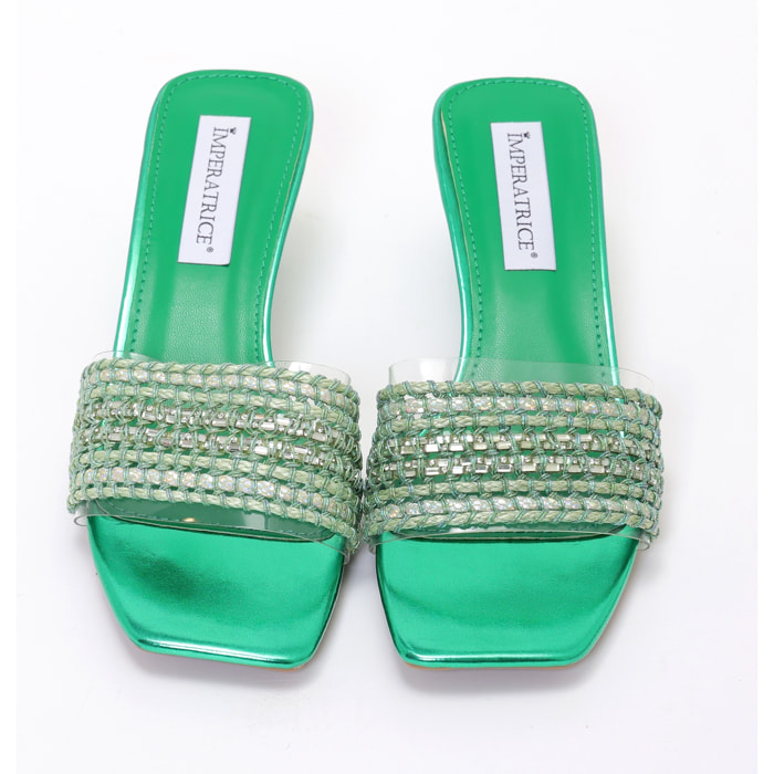 Sandali con tacco basso a rocchetto e fascia con ricamo e pietre