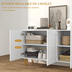 Aparador para Salón Aparador de Entrada con 3 Puertas y Estantes Ajustables Armario de Almacenamiento para Cocina Sala 120x40x75 cm Blanco Brillante