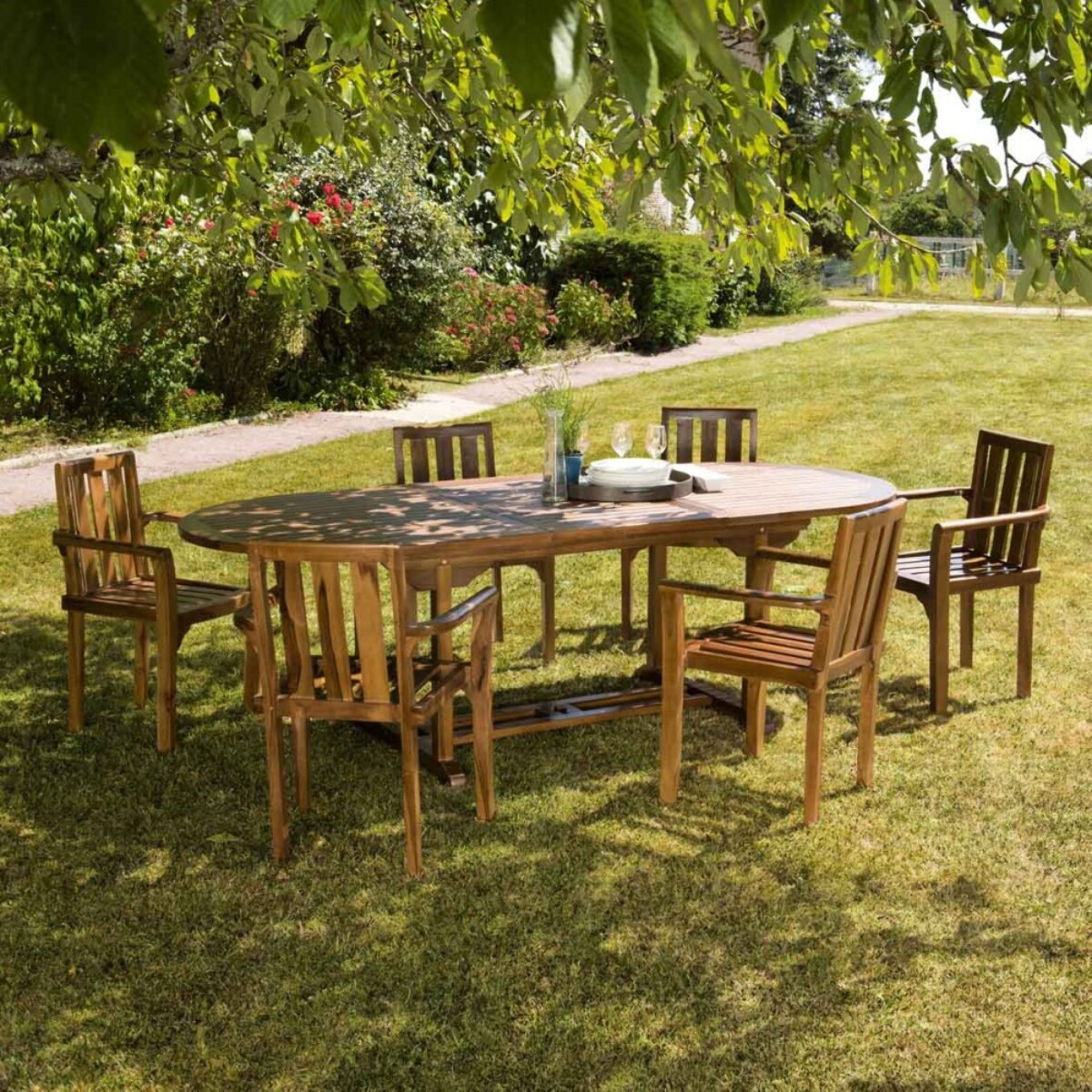 MAEVA - Ensemble de jardin bois teck huilé table 180/240cm 6 fauteuils