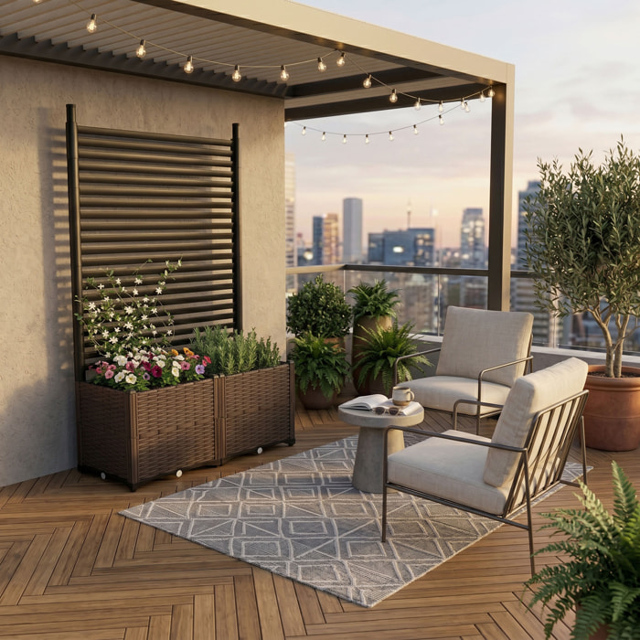 Kyoto - Fioriera Da Giardino Separe Con spalliera in Metallo 81x172x40 cm Contenitore in Resina effetto rattan marrone
