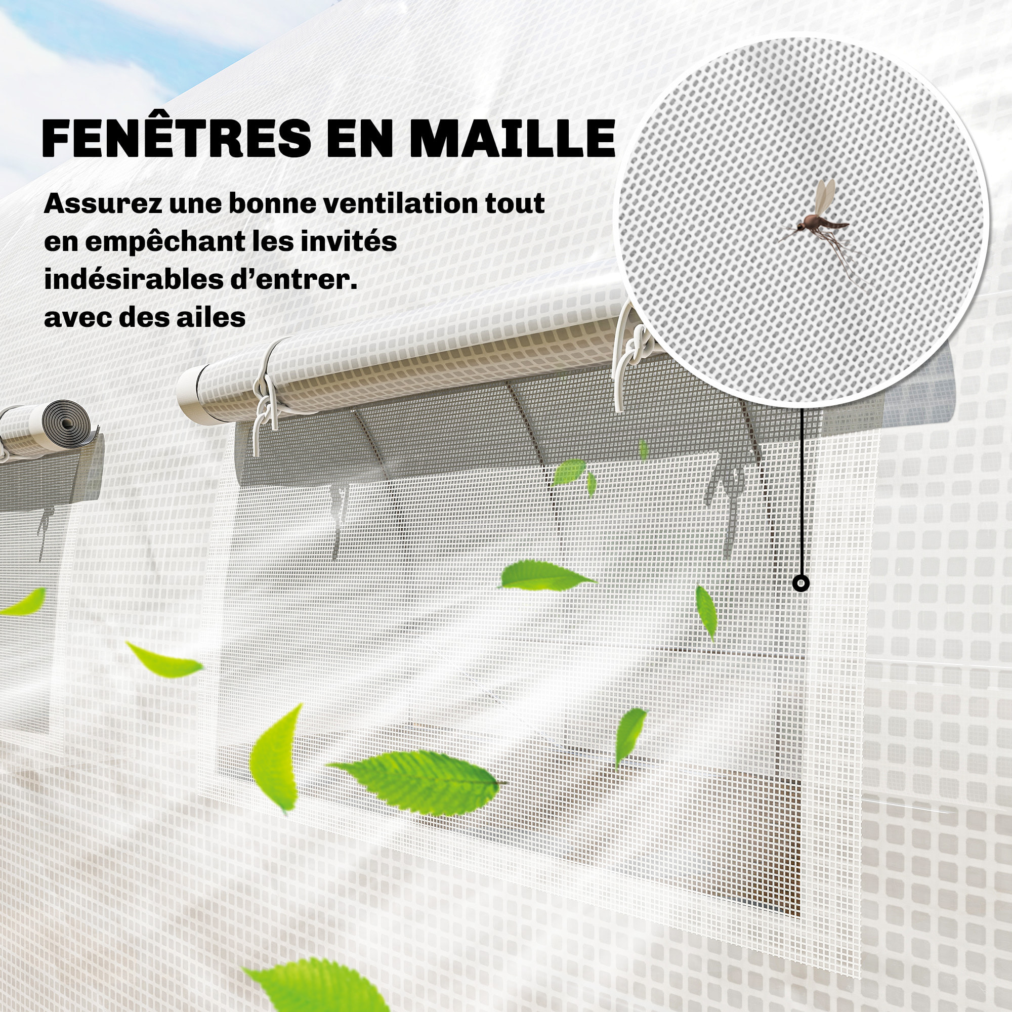 Serre tunnel de jardin 18 m² porte 12 fenêtres enroulables acier PE blanc