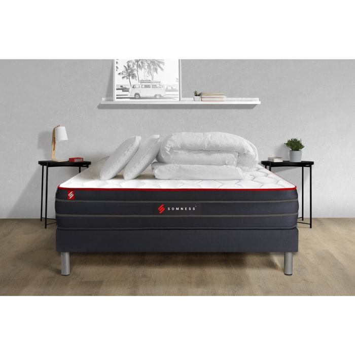 Pack prêt à dormir matelas BOOST ressorts ensachés et mémoire de forme + sommier kit noir + Couette + 2 oreillers