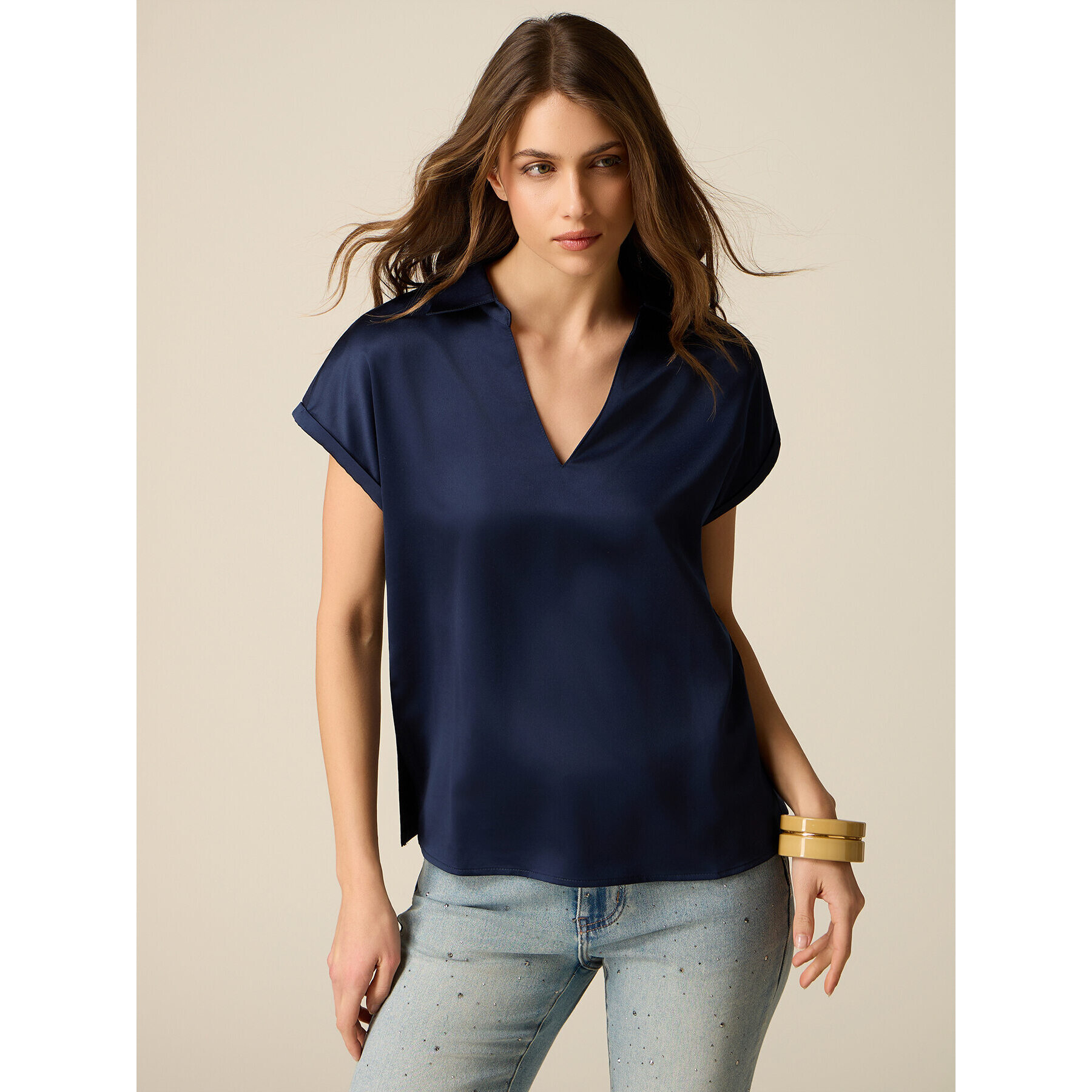 Oltre - Camiseta bimatérica con escote en V - Azul