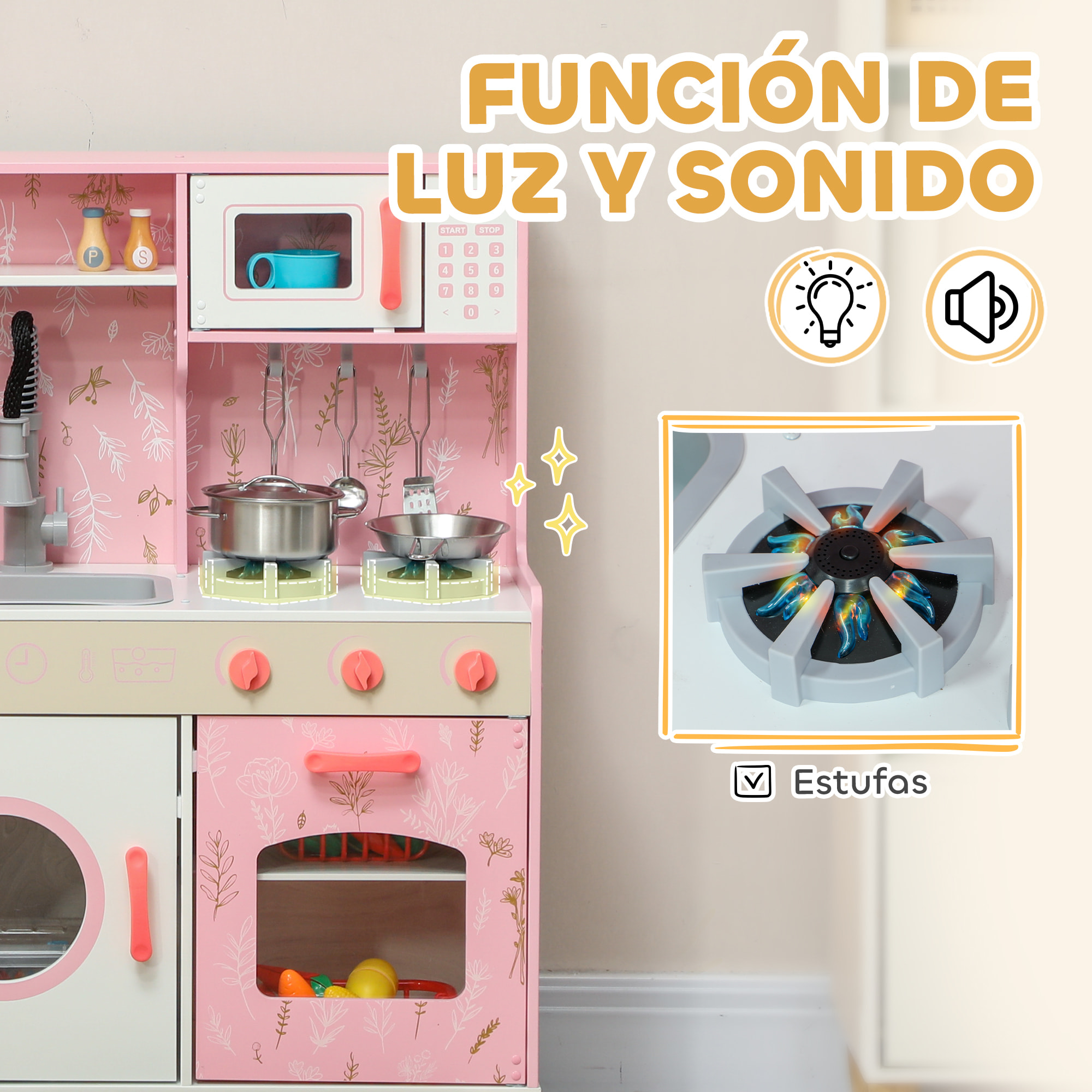 Cocina de Juguete para Niños +3 Años Cocina de Madera Infantil Cocinita Infantil con Sonido Fogón Horno Grifo Fregadero Microondas Lavadora Máquina de Hielo y Accesorios de Cocina Rosa