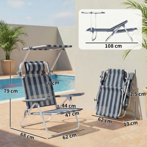Pack de 2 Sillas de Playa Plegables con Dosel Ajustable, Respaldo Reclinable en 6 Posiciones y Reposacabezas, Sillas Bajas Portátiles con Brazos Carga 120kg para Acampada Jardín Azul y Blanco