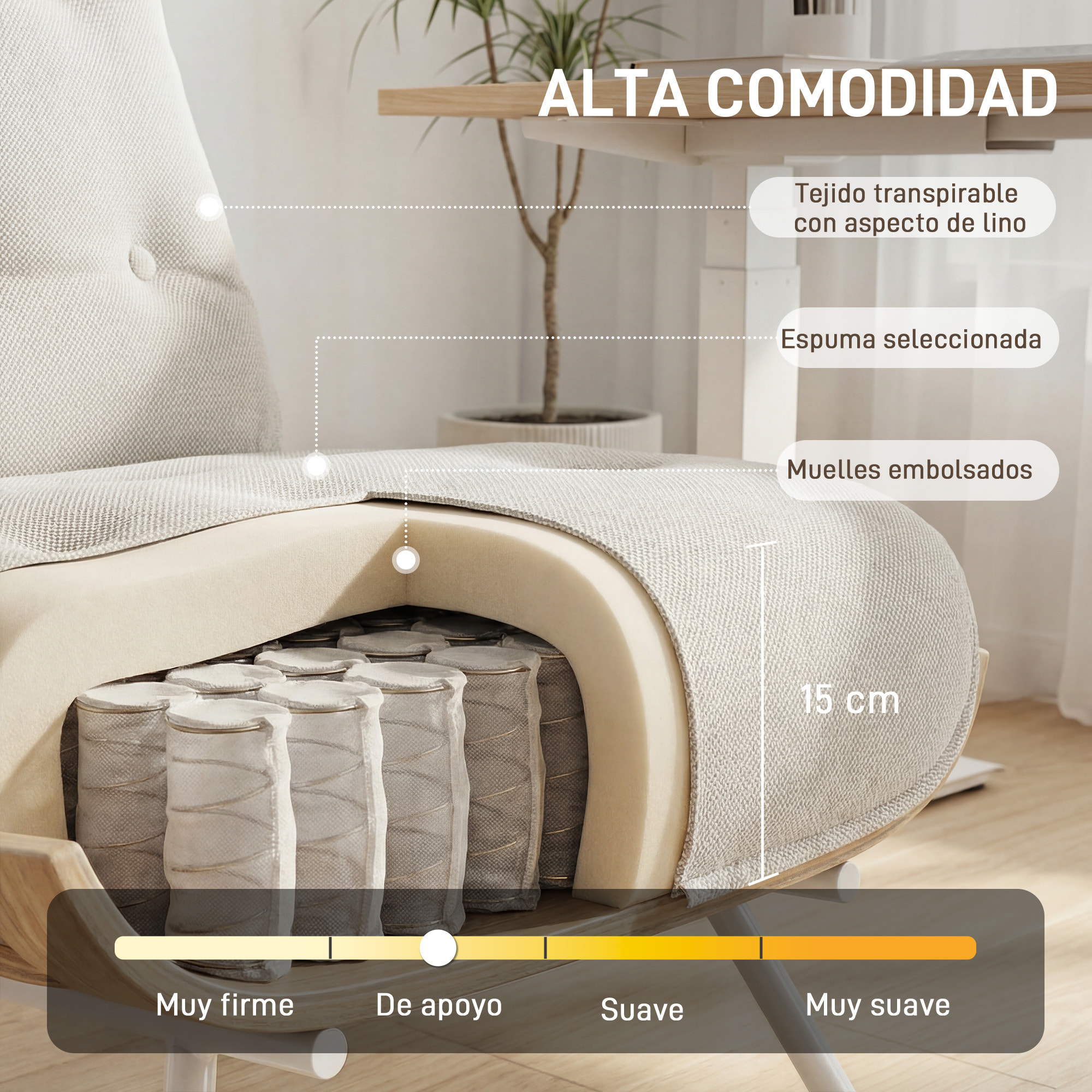 Butaca de Salón, Tapizado en Lino, Sillón Lectura con Asiento Acolchado, Soporte con Listones, Estructura de Acero, Butaca para Sala de Estar, Dormitorio, Crema