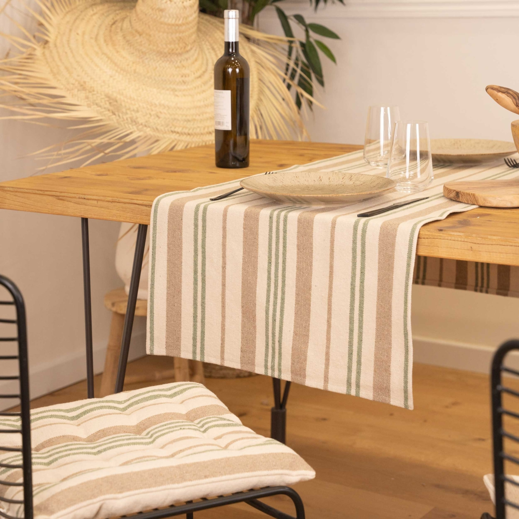 Chemin de table à rayures en coton - Vert Olive