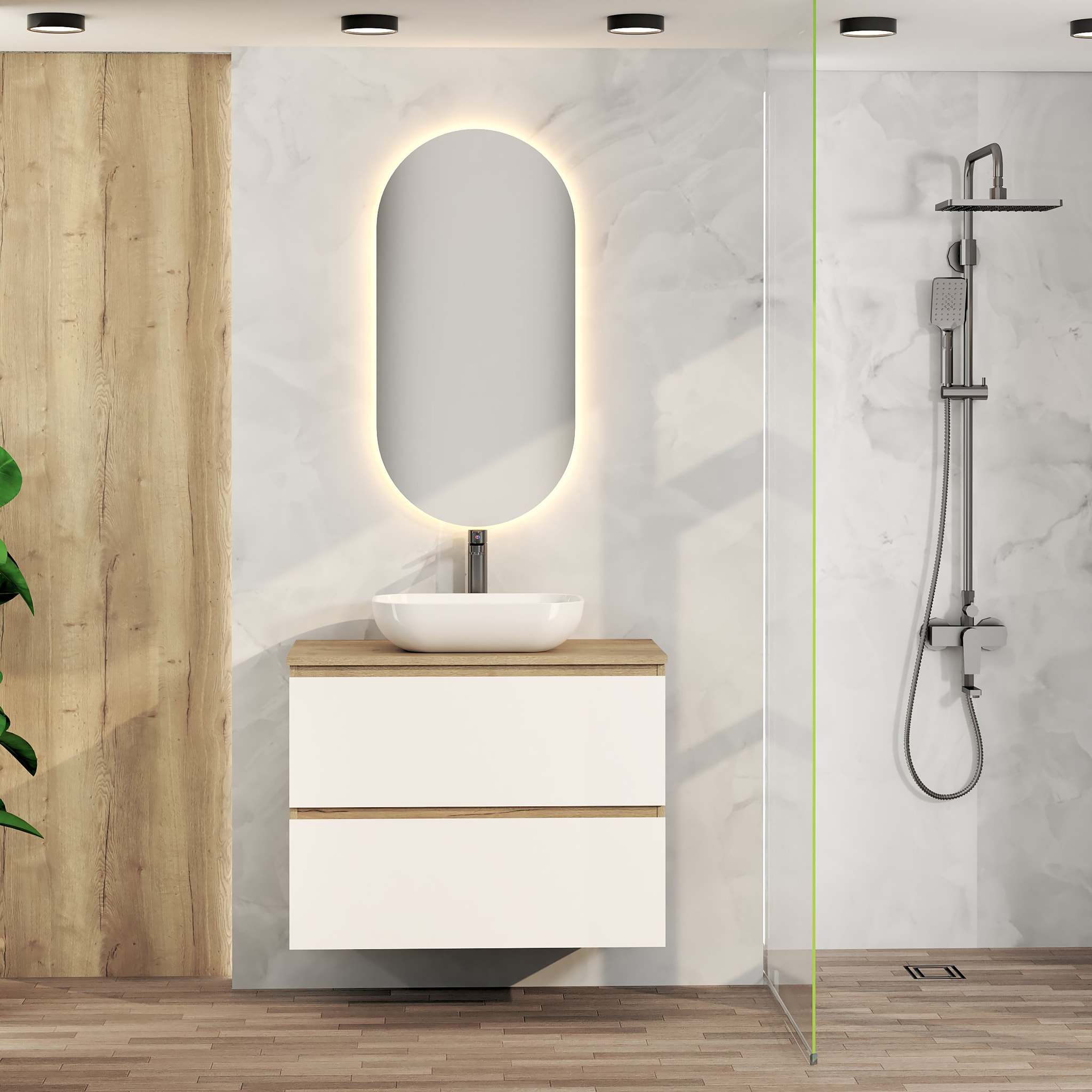 Conjunto de Baño Nia | Mueble Suspendido | 80 cm Blanco | Dos Cajones | Lavabo Sobrepuesto | No incluye Espejo | Mueble Montado| Alday