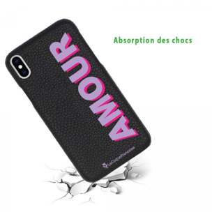 Coque iPhone X/XS effet cuir grainé noir Amour parme et fushia Design La Coque Francaise