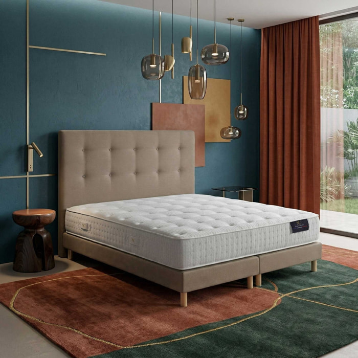 Ensemble matelas ressorts ensachés SÉLÉNÉ 2, accueil latex, H26 cm, sommier et tête de lit taupe