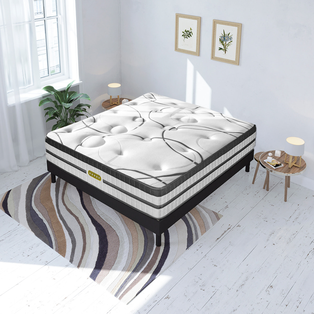 Ensemble Matelas Hybride Concorde & Sommier Bois, Ressorts Ensachés & Mémoire de Forme, 26 cm, Technologie Tri-lattes, Soutien Ferme