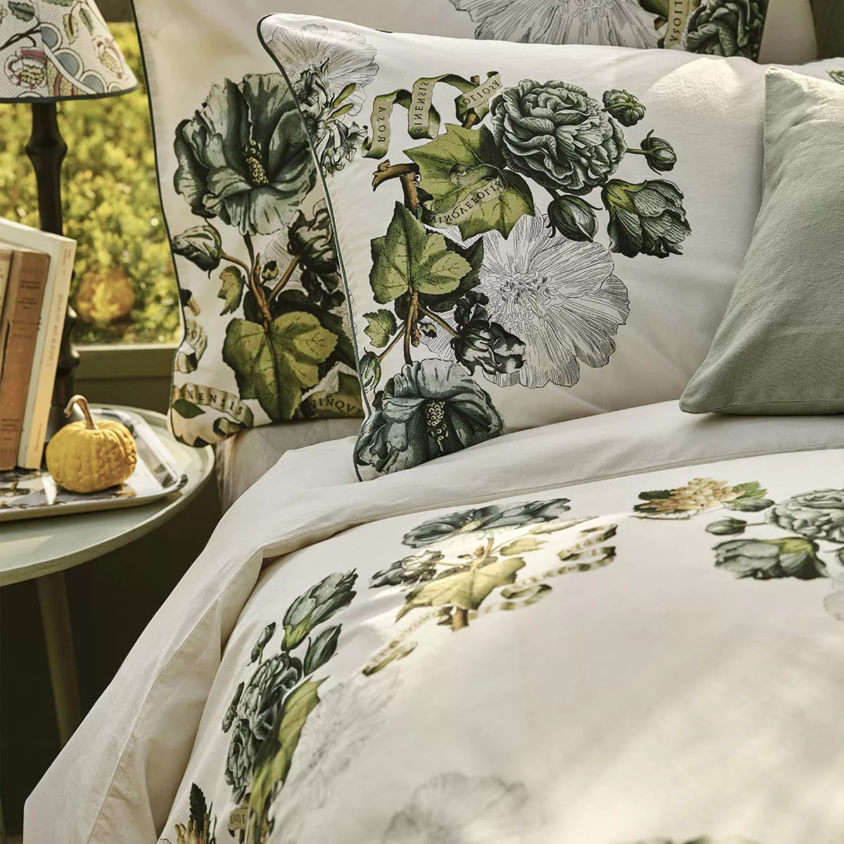 Housse de couette percale de coton lavé imprimé vert ecru Giardino naturel