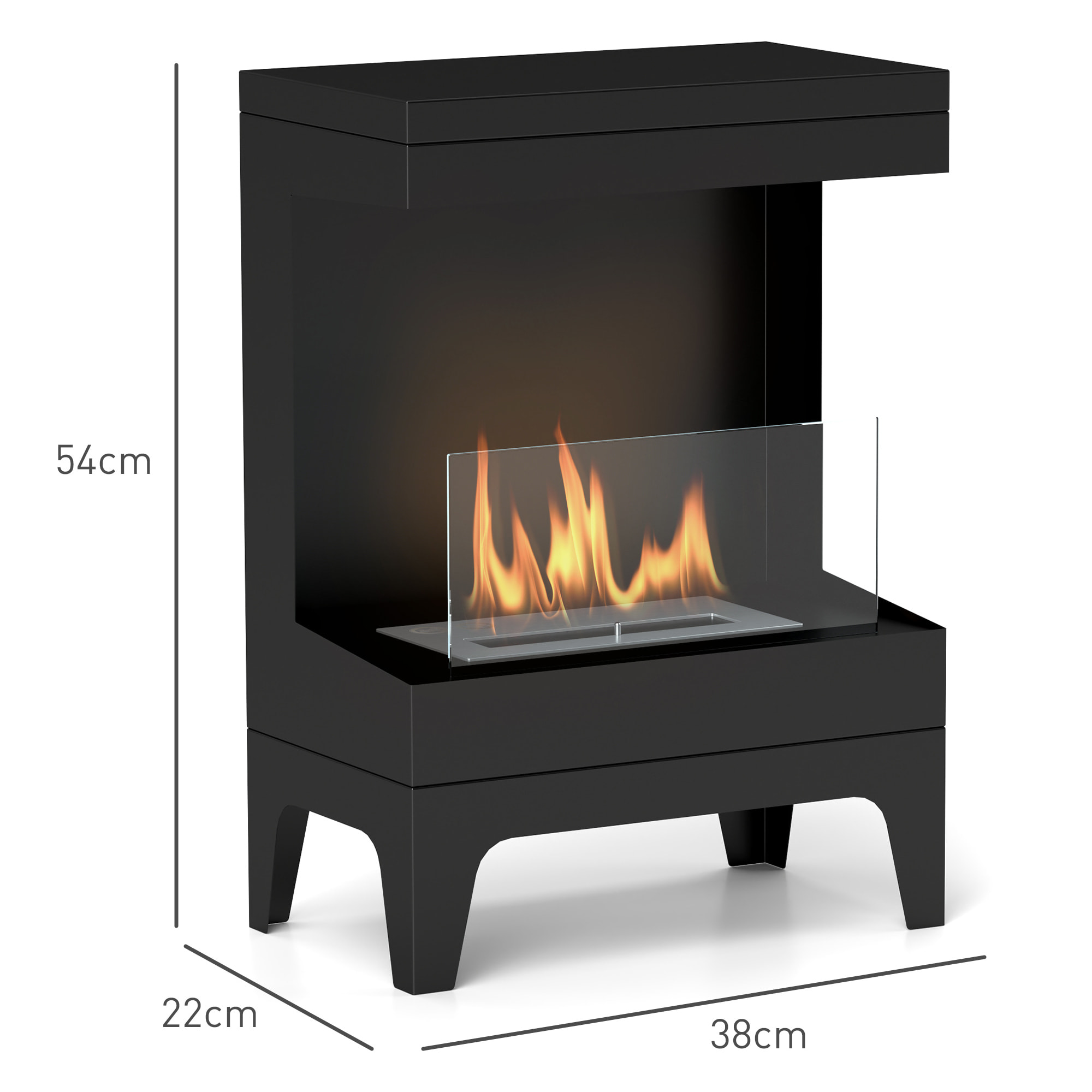 Chimenea de Bioetanol Estufa de Bioetanol de Pie con Tanque de 0,9 L Apagallamas de Acero Inoxidable Tiempo de Combustión 3,3H para Interiores 15-20 m² 38x22x54 cm Negro