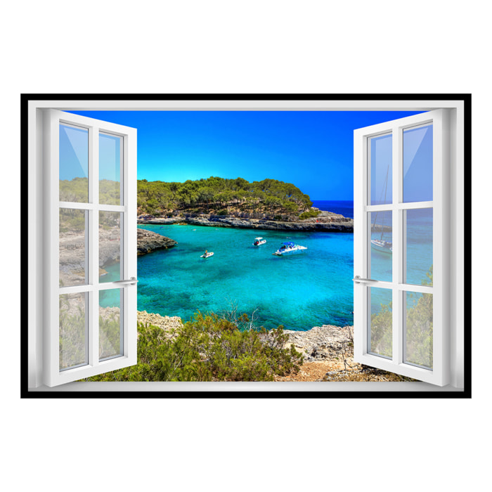 Affiche encadrée fenêtre baie turquoise bateaux Affiche + cadre en métal - Noir