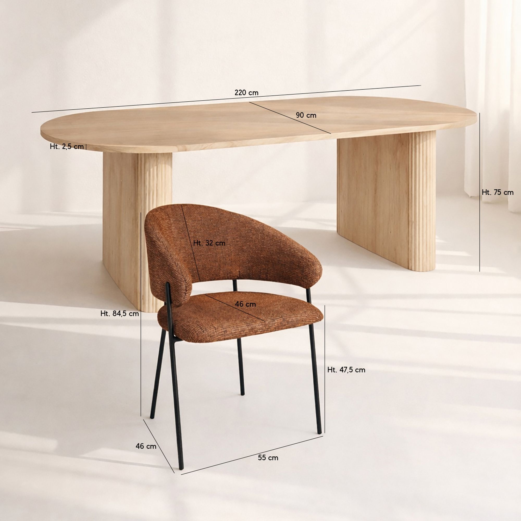 Ensemble table ovale effet bois 220cm et 6 fauteuils tissu terracotta QUITO