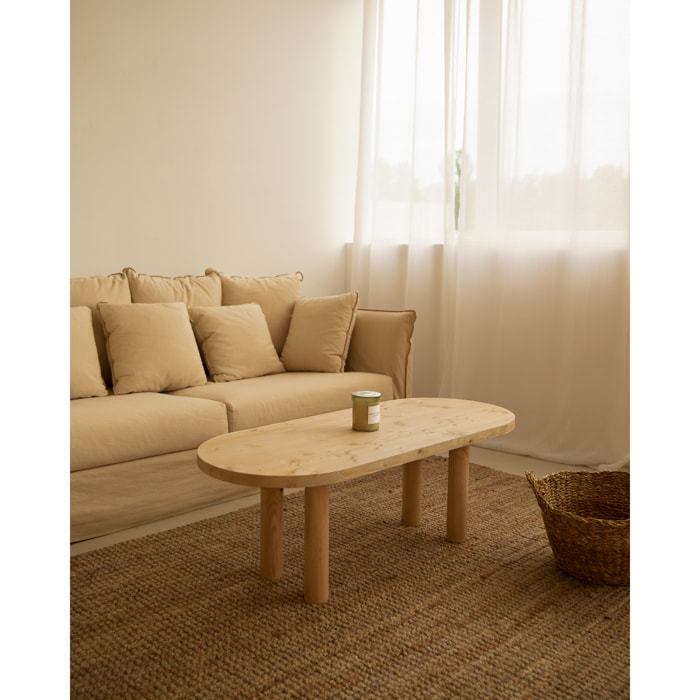 Table basse ovale en bois massif en teinte chêne moyen de 40x120cm Hauteur: 40 Longueur: 120 Largeur: 50