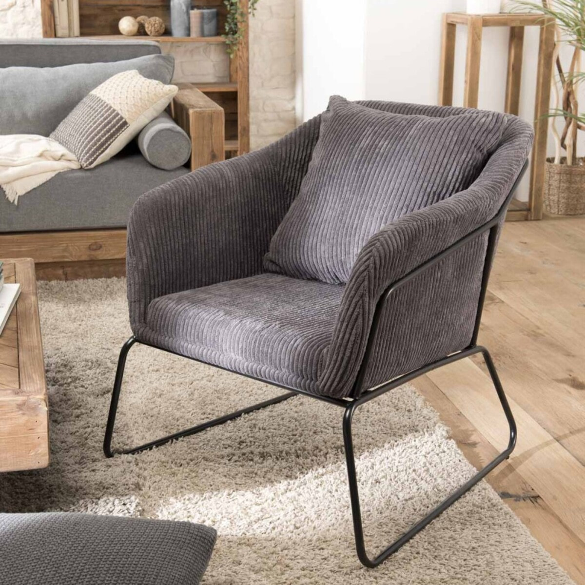 AGATHE - Fauteuil tissu velours cotelé gris anthracite pieds évasés métal