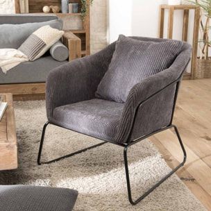 AGATHE - Fauteuil tissu velours cotelé gris anthracite pieds évasés métal