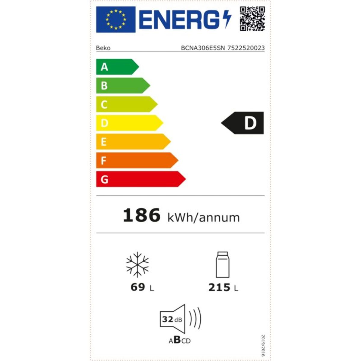 Réfrigérateur combiné encastrable BEKO BCNA306E5SN