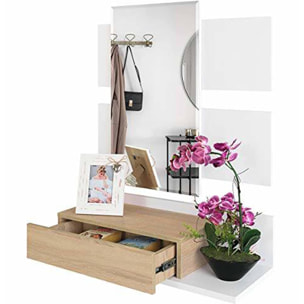 Mobile da ingresso Erie, Entratina sospesa con specchio, Mobile con cassetto per entrata, cm 75x29h90, Bianco lucido e Noce