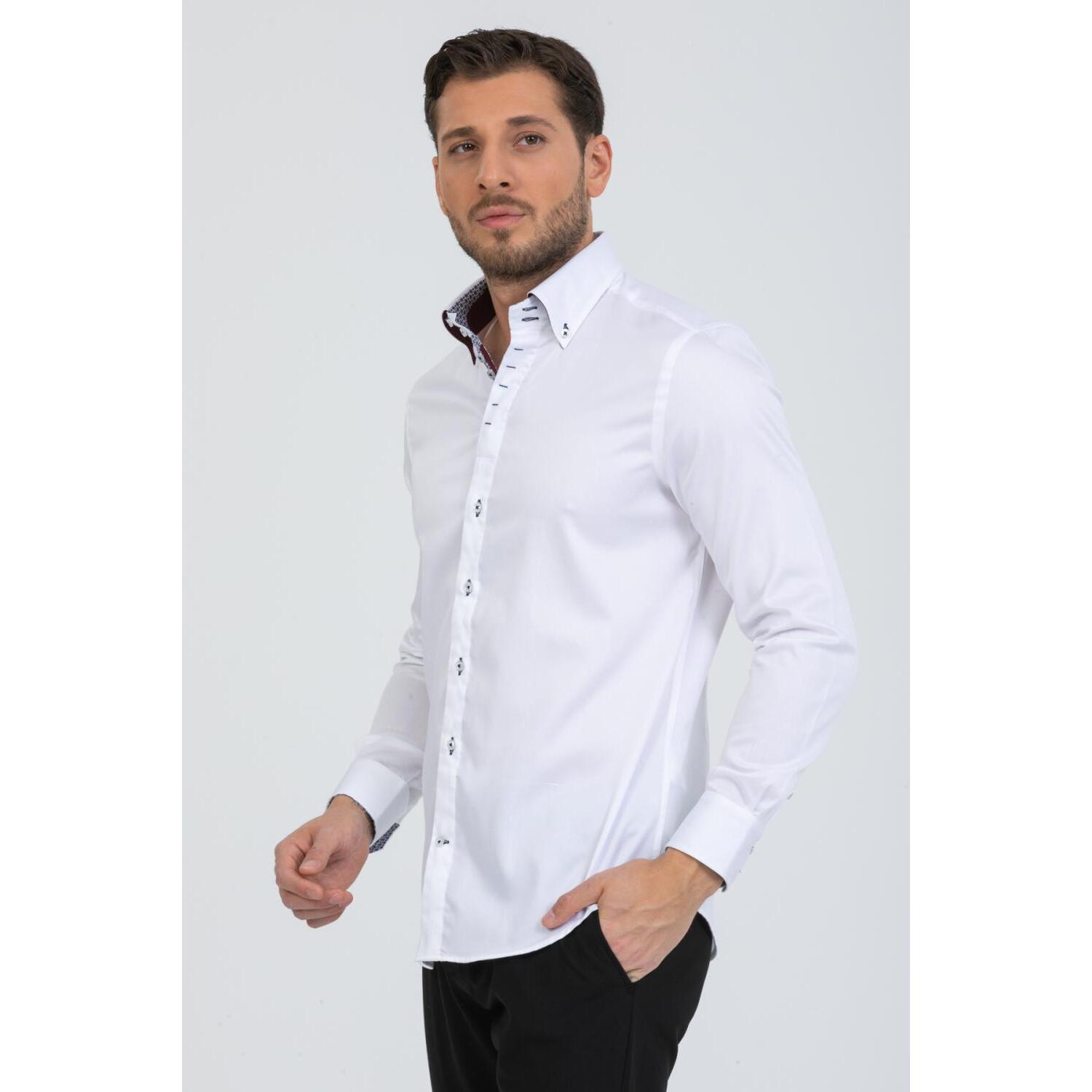 Camicia Uomo 2 Bottoni Button Down Slim Satin Unito Bianco