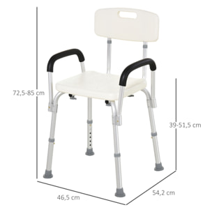 Chaise de douche siège de douche ergonomique hauteur réglable pieds antidérapants dossier accoudoirs amovibles charge max. 136 Kg alu HDPE blanc