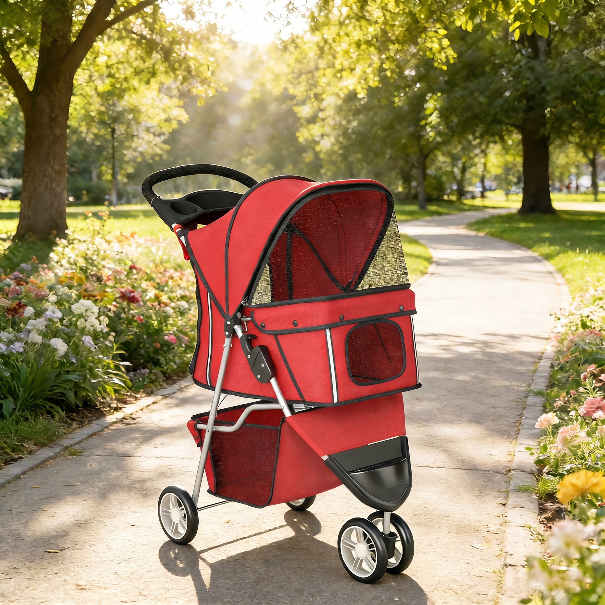 Poussette buggy pour chien chat animaux roue avant pivotante 360 degrés rouge