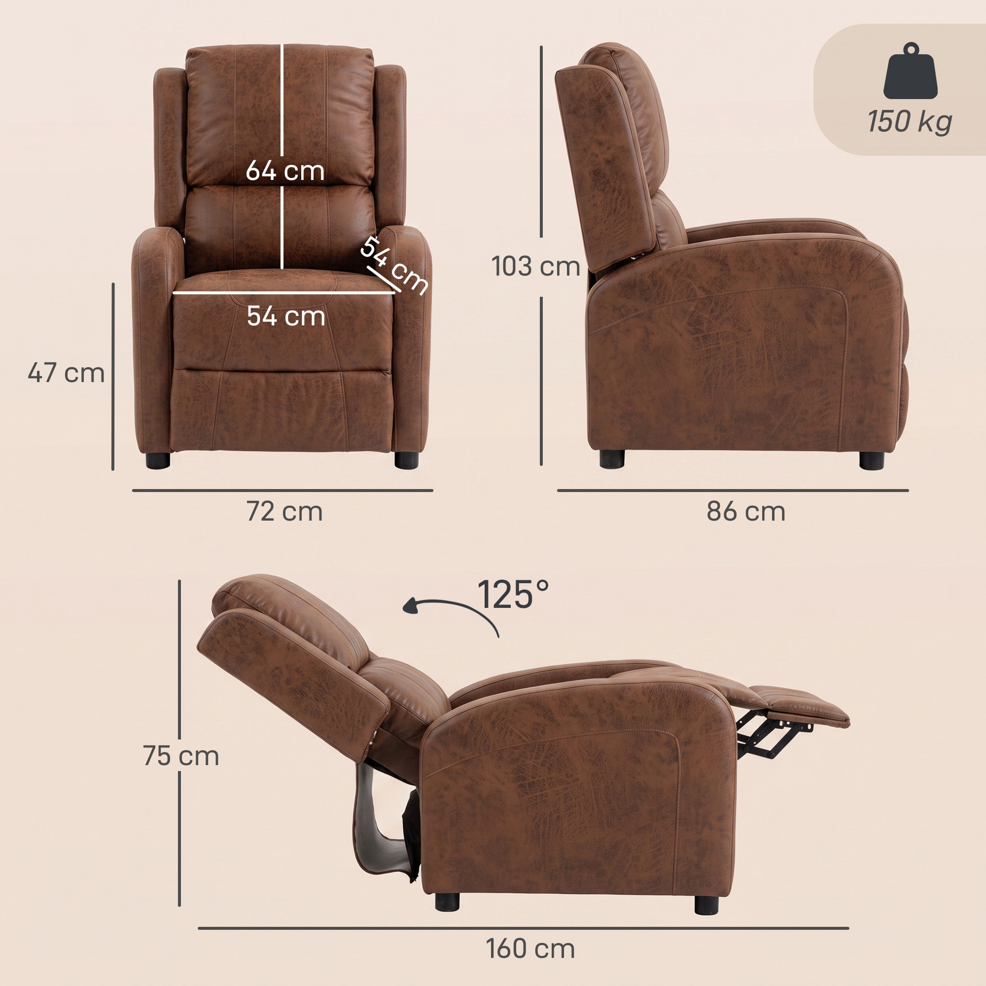 HOMCOM Sillón Relax Reclinable, Sillón Reclinable Manual, Tapizado en Cuero Sintético, Instalación Rápida, Reposapiés, Muelles Ensacados y Acolchado Grueso, para Salón, Dormitorio, Oficina, Marrón
