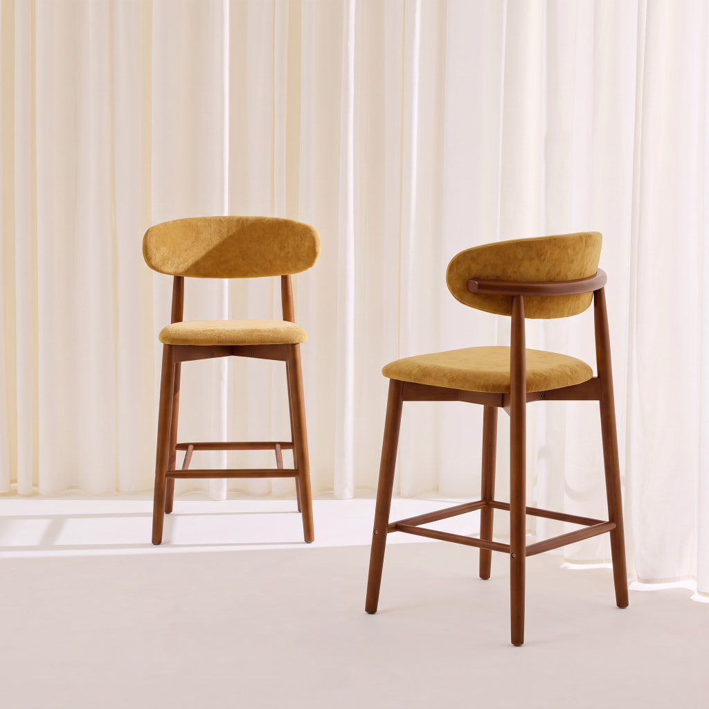 Tabouret de bar bois d'hévéa noyer et tissu chenille (lot de 2)  PAOLA
