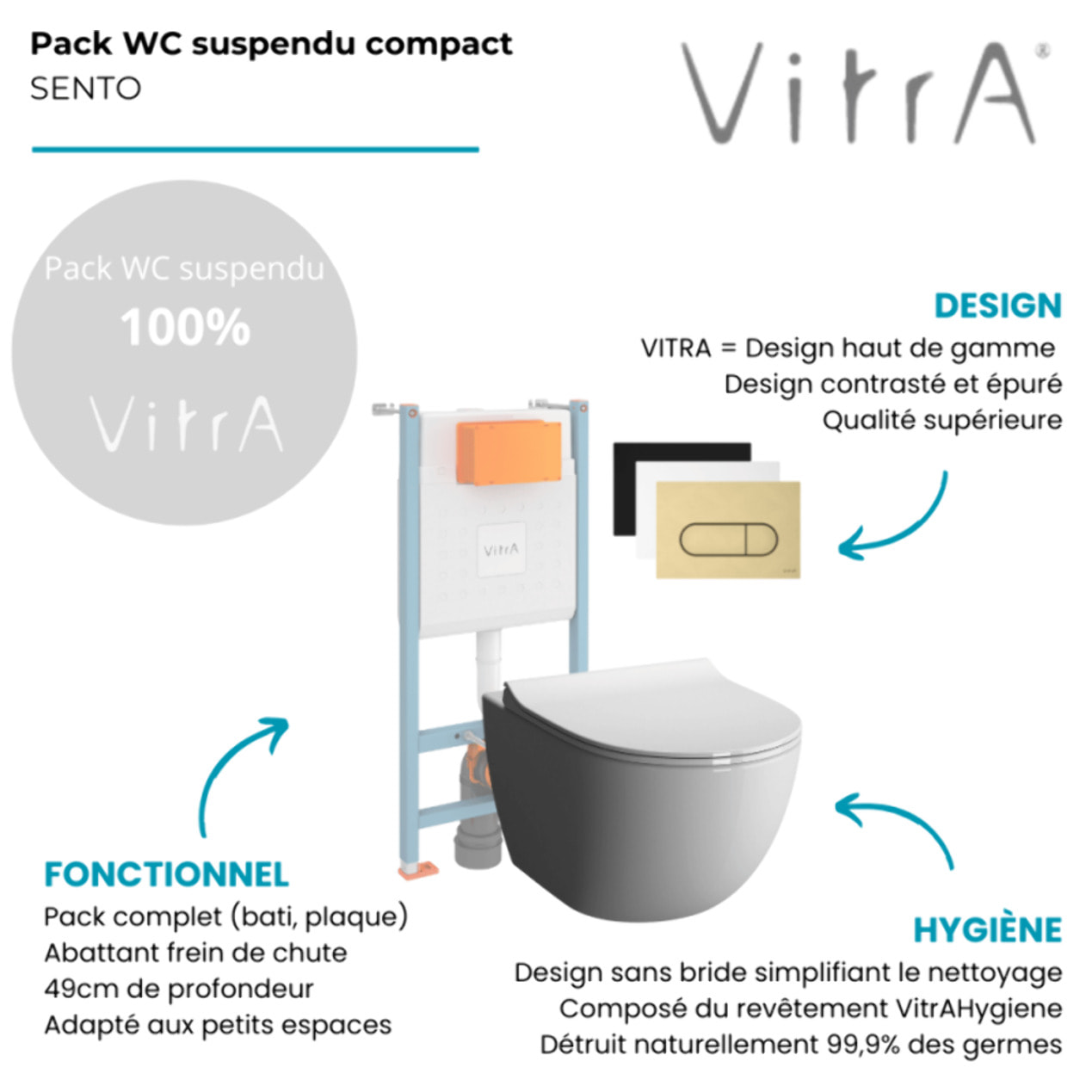 Pack WC suspendu VITRA Sento Blanc Compact  + Bâti  auto-portant V-Fix Core  + Plaque Round Blanc