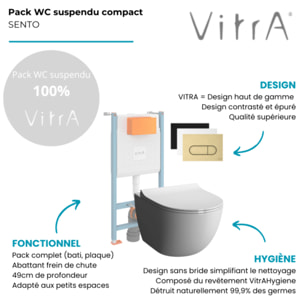 Pack WC suspendu VITRA Sento Blanc Compact  + Bâti  auto-portant V-Fix Core  + Plaque Round Blanc