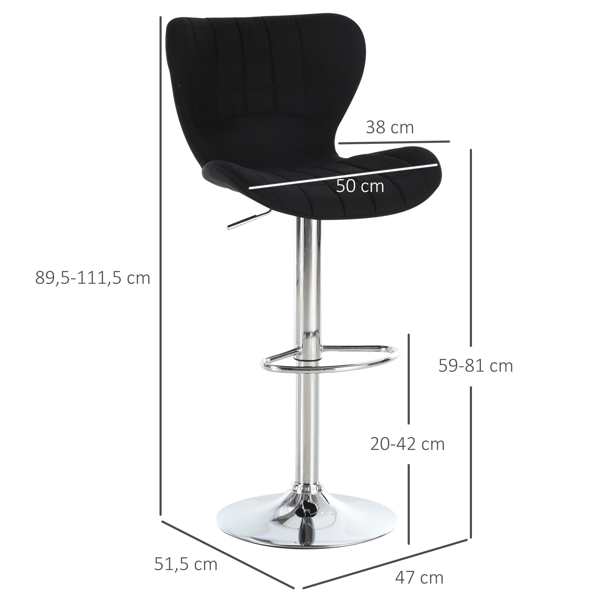 Lot de 2 tabourets de bar design contemporain hauteur d'assise réglable 59-81 cm pivotant 360° lin noir