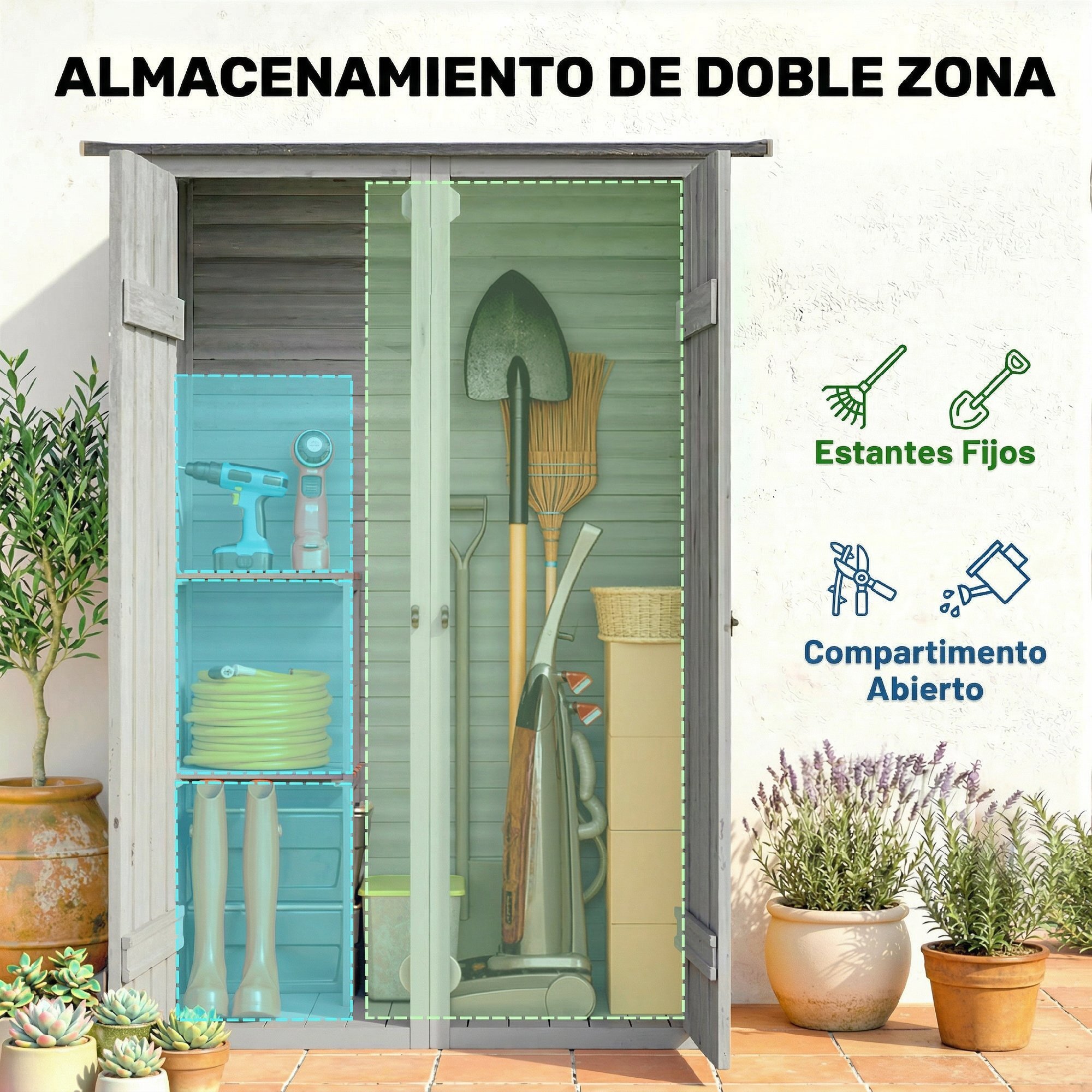 Caseta de Jardín de Madera 115x53x156 cm, Cobertizo Jardín Exterior, Armario Exterior para Herramientas con Puertas Dobles con Pestillo, 2 Estantes y Techo Inclinado, Resistente, Gris