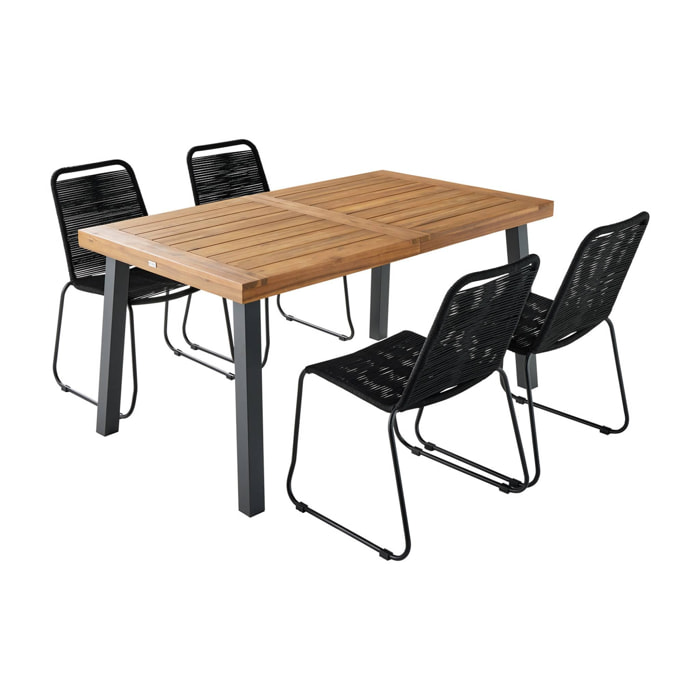 Table intérieur / extérieur Santana en bois et métal. 150cm + 4 chaises en corde BRASILIA noires. empilables