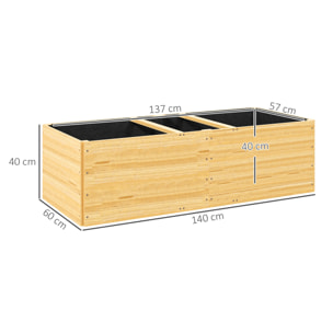 Jardinera de Madera Jardinera Exterior Grande con 3 Zonas de Cultivo y Forro Jardinera Rectangular para Jardín Balcón Terraza 140x60x40 cm Natural