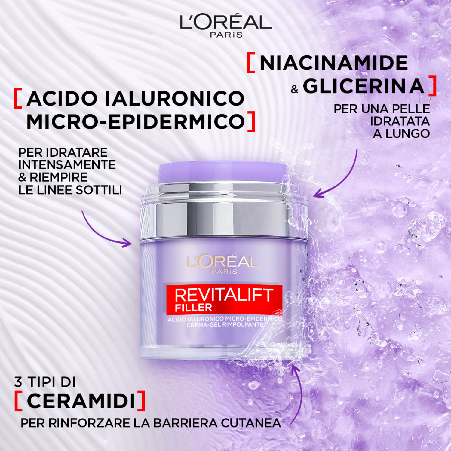 Crema-Gel Rimpolpante Idratante Revitalift Filler con Acido Ialuronico Niacinamide e Glicerina - Barattolo da 50ml