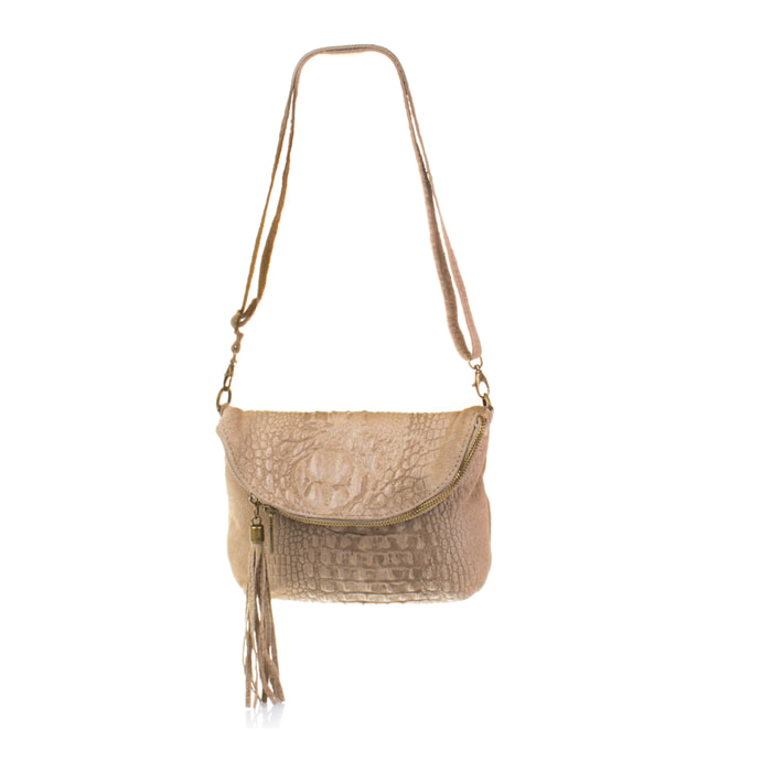 FIRENZE ARTEGIANI Borsa a Spalla da Donna Cenerente. Vera Pelle Scamosciata Incisione Coccodrillo Made in Italy 23x3x19 Cm. Colore: Tortora