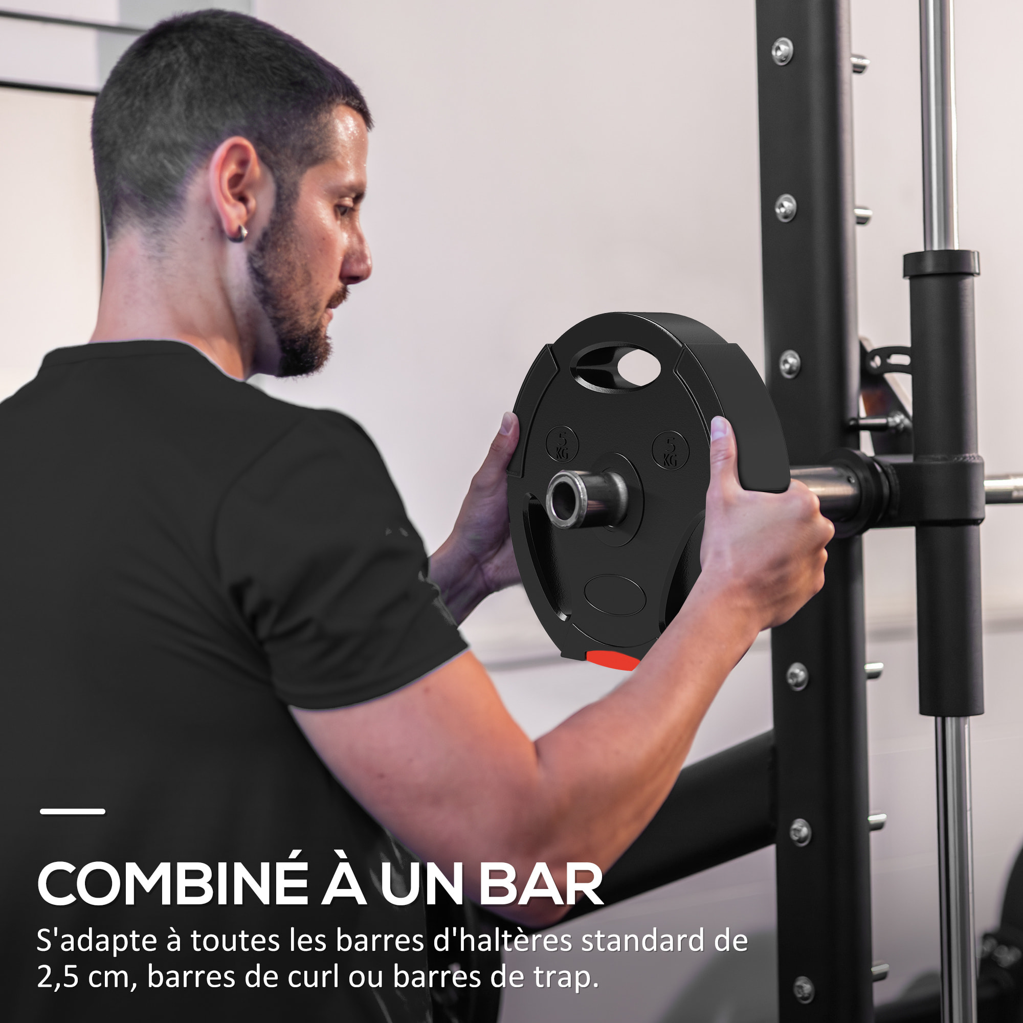 Disques de poids 2 x 5Kg + 2 x 7,5Kg - 3 poignées - trous de Ø25 mm - revêtement PP noir